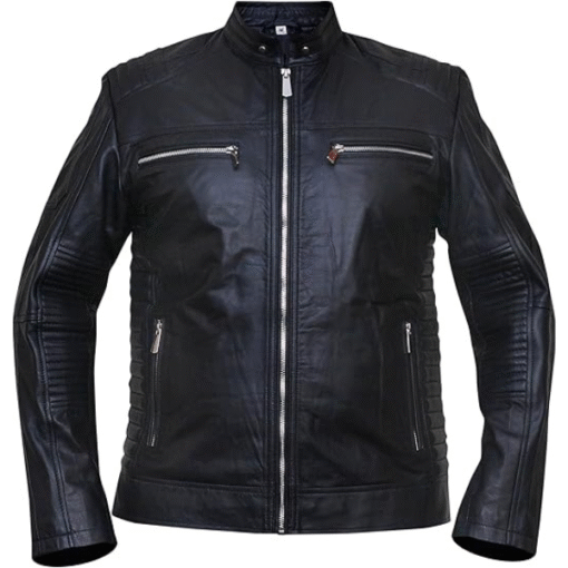 Black Leather Biker Jacket with Quilted Detailing