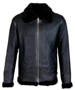 Men’s Black Shearling Leather Bomber Jacket with Fur Collar