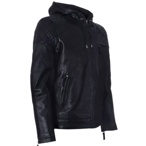 Men’s Black Leather Hoodie Jacket with Quilted Shoulder Design - Image 2