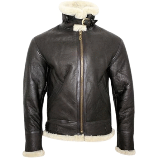 Men’s Shearling Lined Brown Leather Aviator Jacket - Image 3