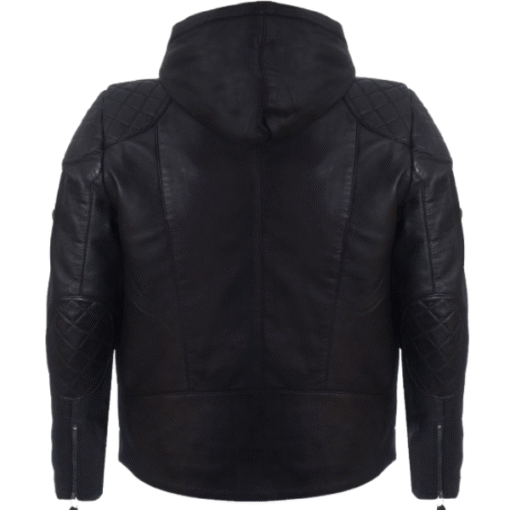 Men’s Black Leather Hoodie Jacket with Quilted Shoulder Design - Image 3