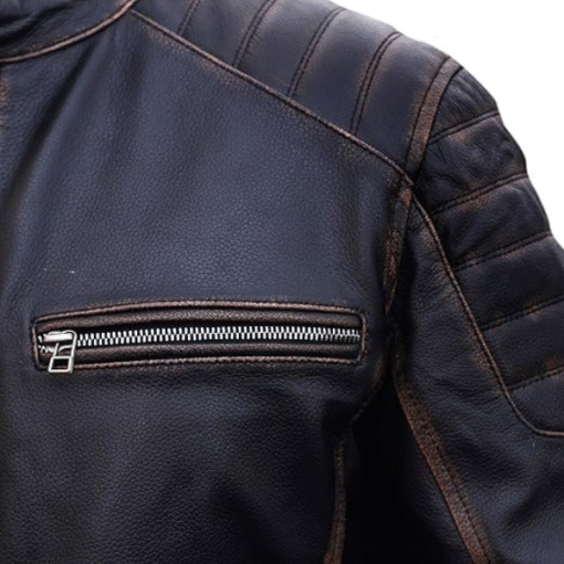 Men’s Vintage Black Leather Motorcycle Jacket with Distressed Finish - Image 3