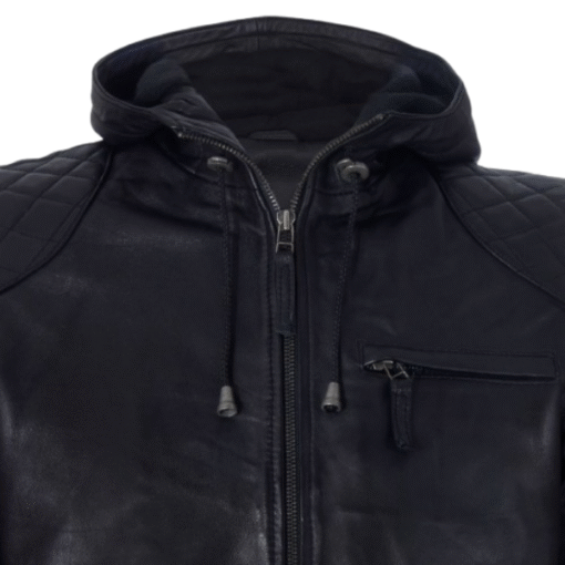 Men’s Black Leather Hoodie Jacket with Quilted Shoulder Design - Image 4