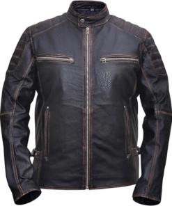 Men’s Vintage Black Leather Motorcycle Jacket with Distressed Finish