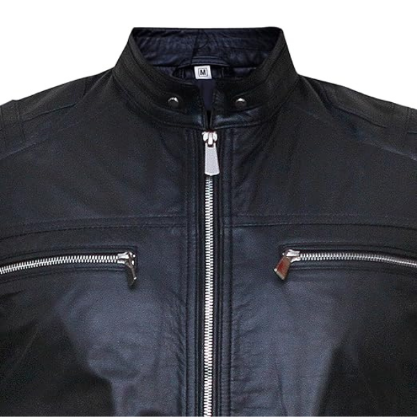 Men's Black Leather Biker Jacket with Quilted Detailing - Image 2