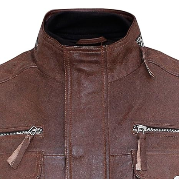 Men’s Brown Leather Field Jacket with Multi-Pocket Design - Image 4