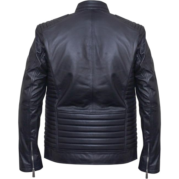 Men's Black Leather Biker Jacket with Quilted Detailing - Image 5