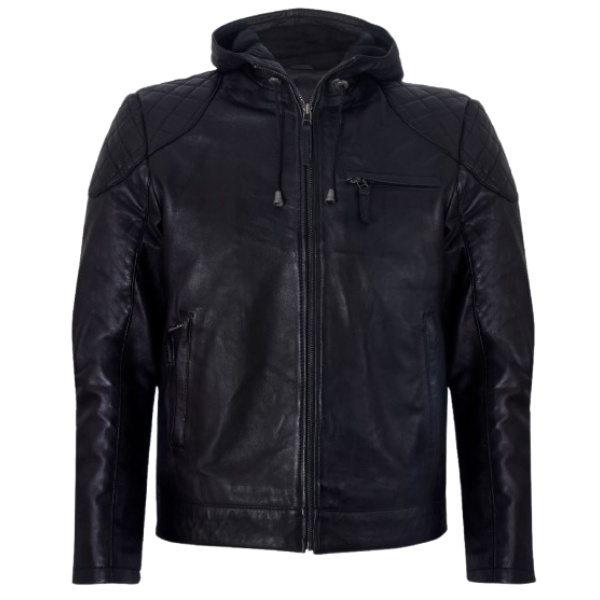 Men’s Black Leather Hoodie Jacket with Quilted Shoulder Design - Image 4
