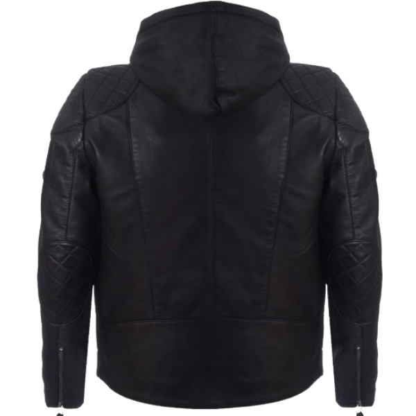 Men’s Black Leather Hoodie Jacket with Quilted Shoulder Design - Image 2
