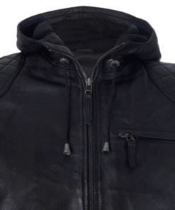 Men’s Black Leather Hoodie Jacket with Quilted Shoulder Design
