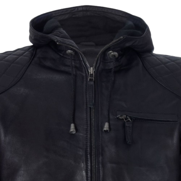 Men’s Black Leather Hoodie Jacket with Quilted Shoulder Design