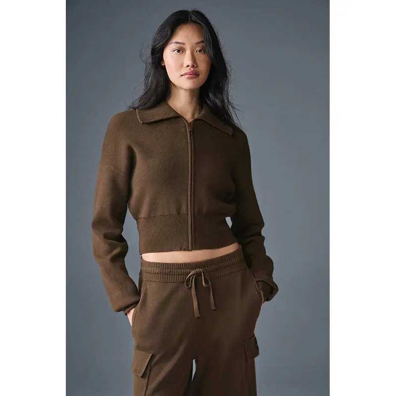 Alo Scholar Knit Cropped Full Zip Jacket
