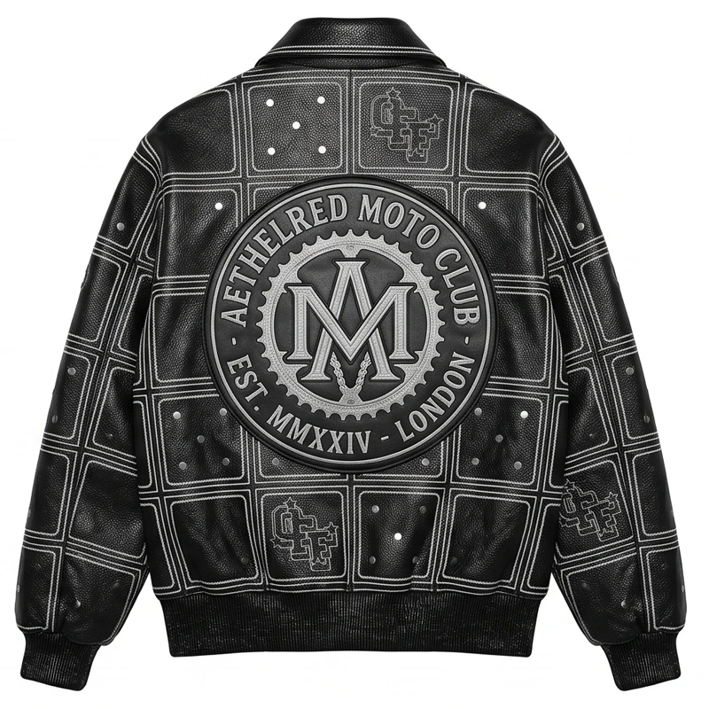 Aethelred Moto Club Grid Pattern Leather Bomber Jacket - Image 3