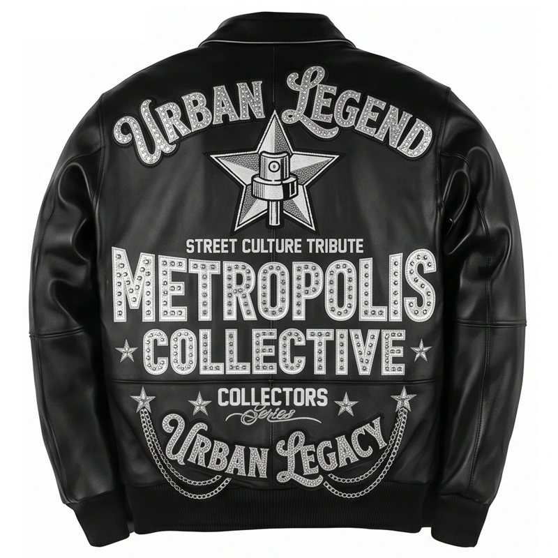 Urban Legend Black Embroidered Leather Bomber Jacket - Image 3