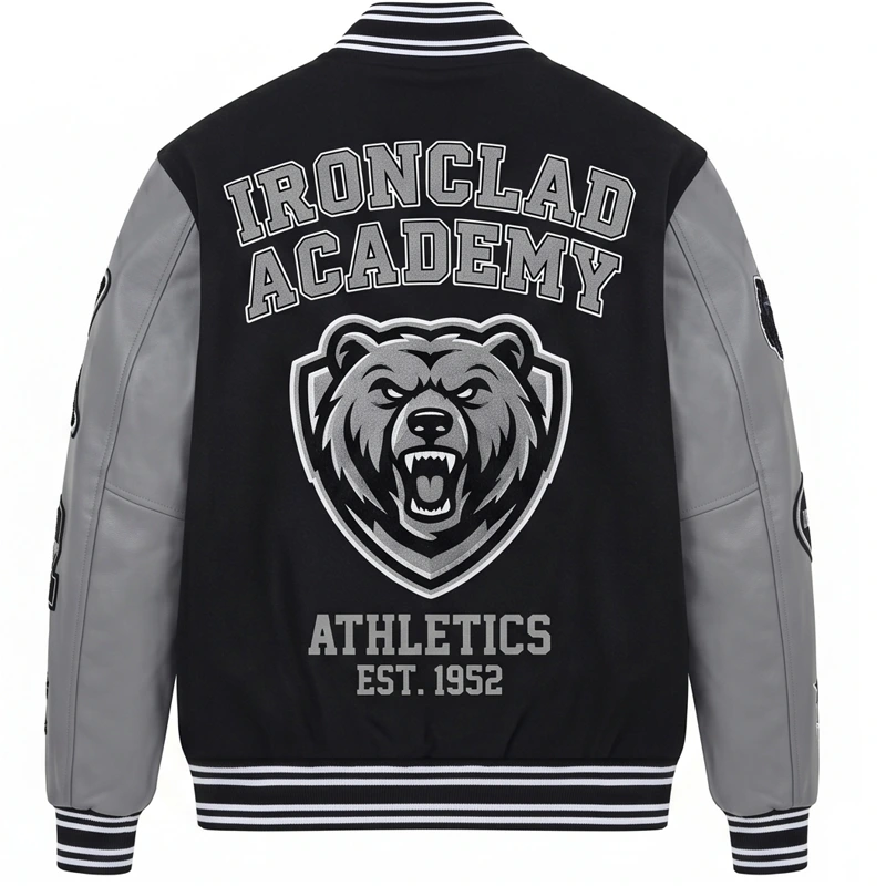 Ironclad Academy Grey Sleeve Varsity Leather Jacket - Image 3