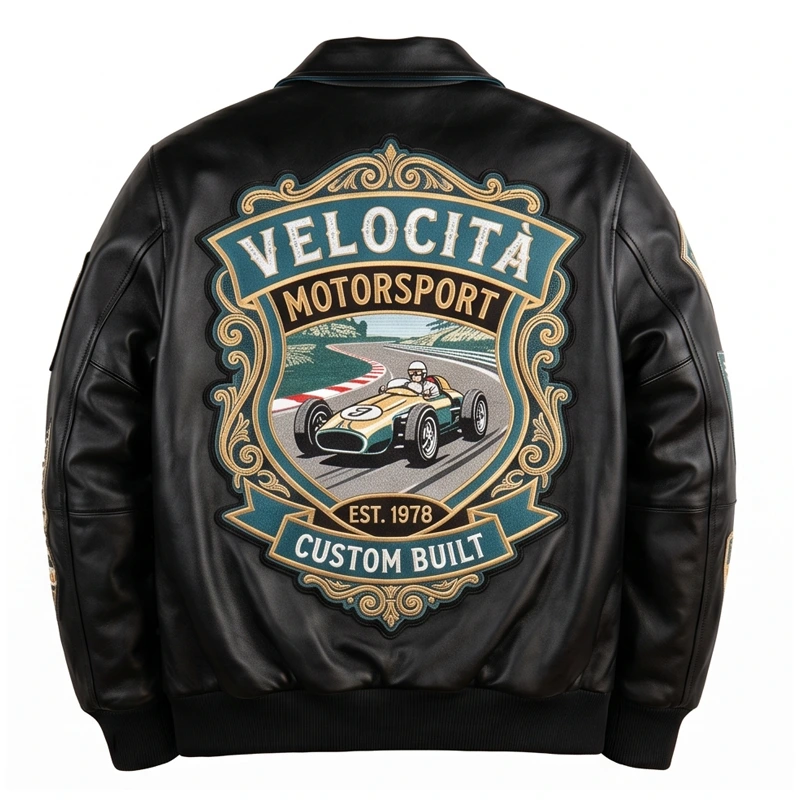 Velocità Garage Speed Shop Black Leather Bomber Jacket - Image 3