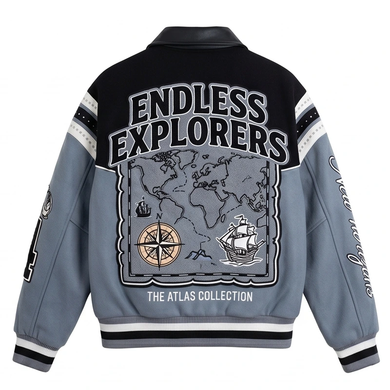 Nautical Adventure Patchwork Leather Varsity Jacket - Image 3