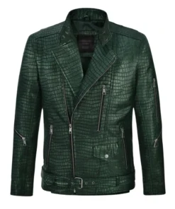 Enigmatic Croc Metallic Green Leather Jacket