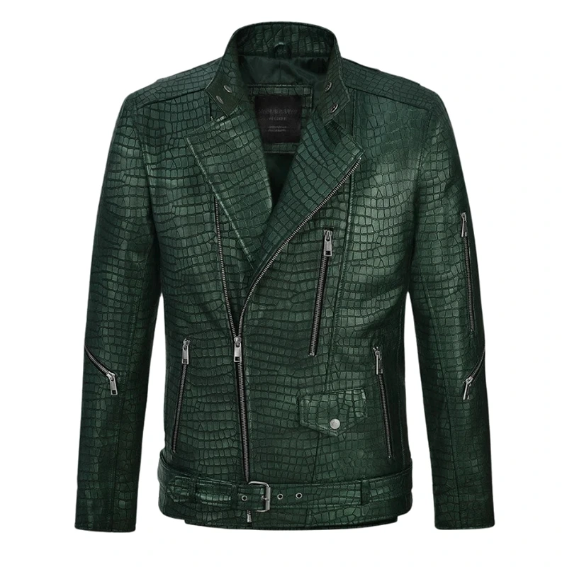 Enigmatic Croc Metallic Green Leather Jacket
