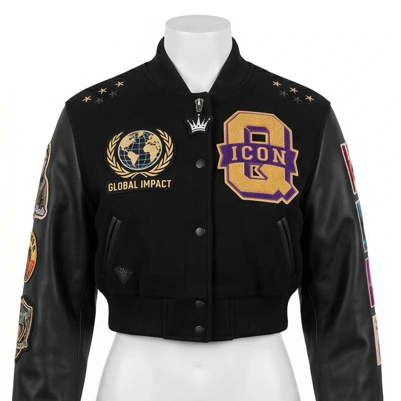 Women’s Global Impact Icon Cropped Varsity Leather Jacket - Image 2