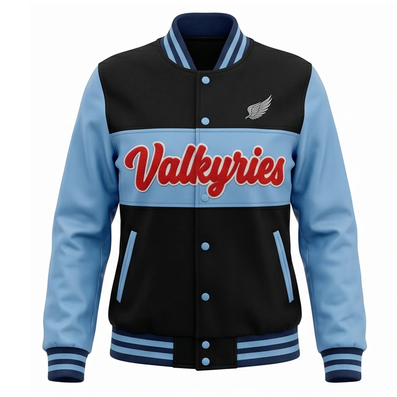 Women’s Valkyries Blue & Black Leather Varsity Jacket - Image 2