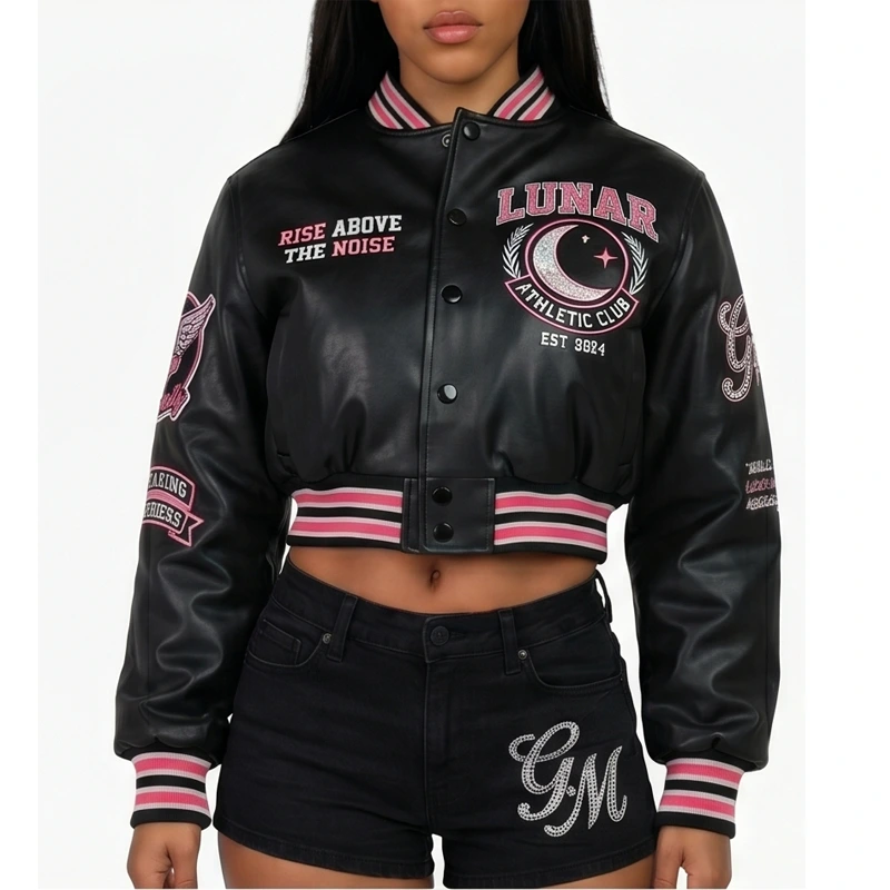 Women’s Lunar Athletic Club Cropped Leather Varsity Jacket - Image 2