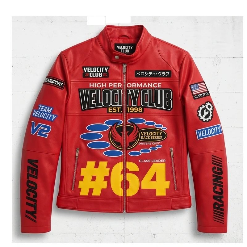 Women’s Velocity Club #64 Red Racing Leather Jacket - Image 2