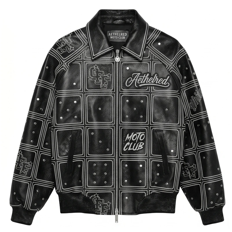 Aethelred Moto Club Grid Pattern Leather Bomber Jacket - Image 2