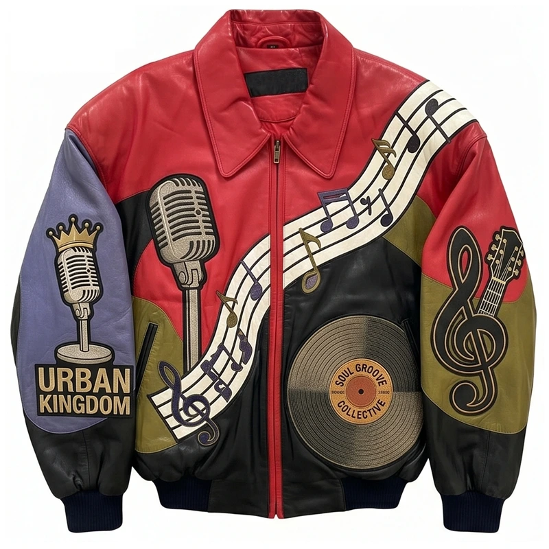 Urban Kingdom Soul Groove Music Leather Bomber Jacket - Image 2