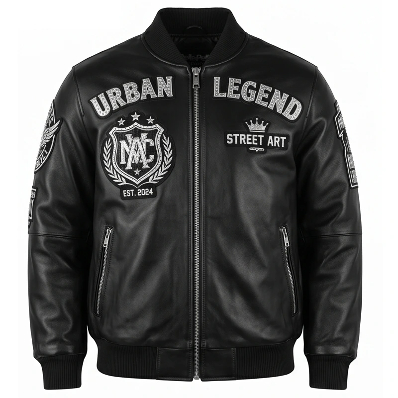 Urban Legend Black Embroidered Leather Bomber Jacket - Image 2