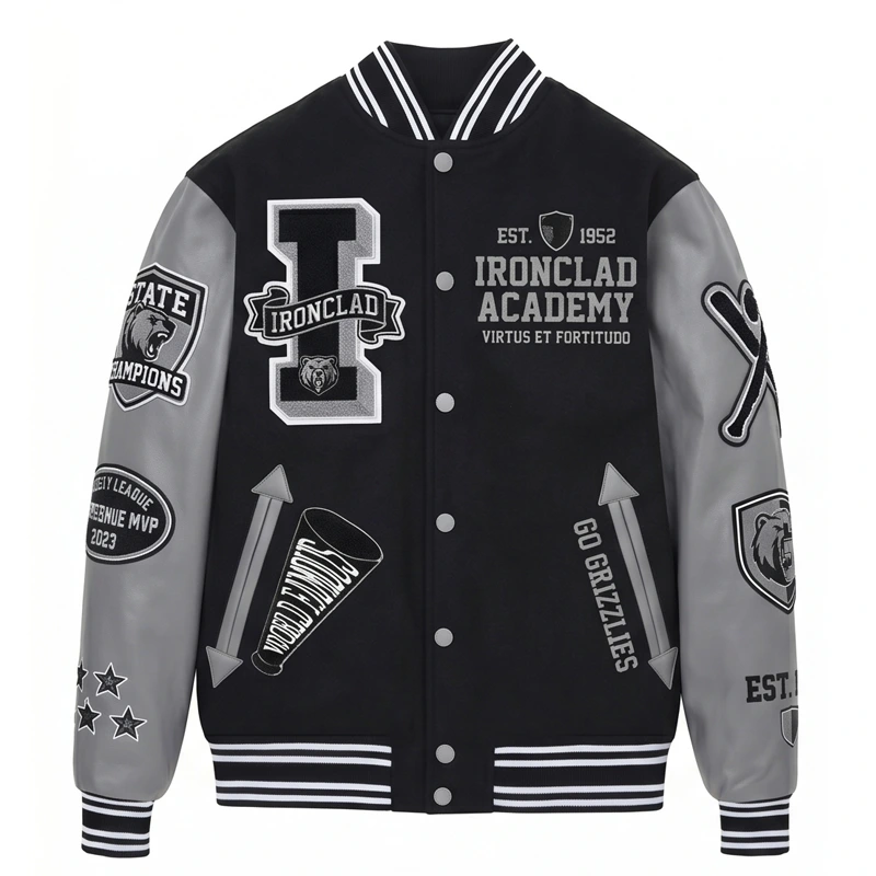 Ironclad Academy Grey Sleeve Varsity Leather Jacket - Image 2