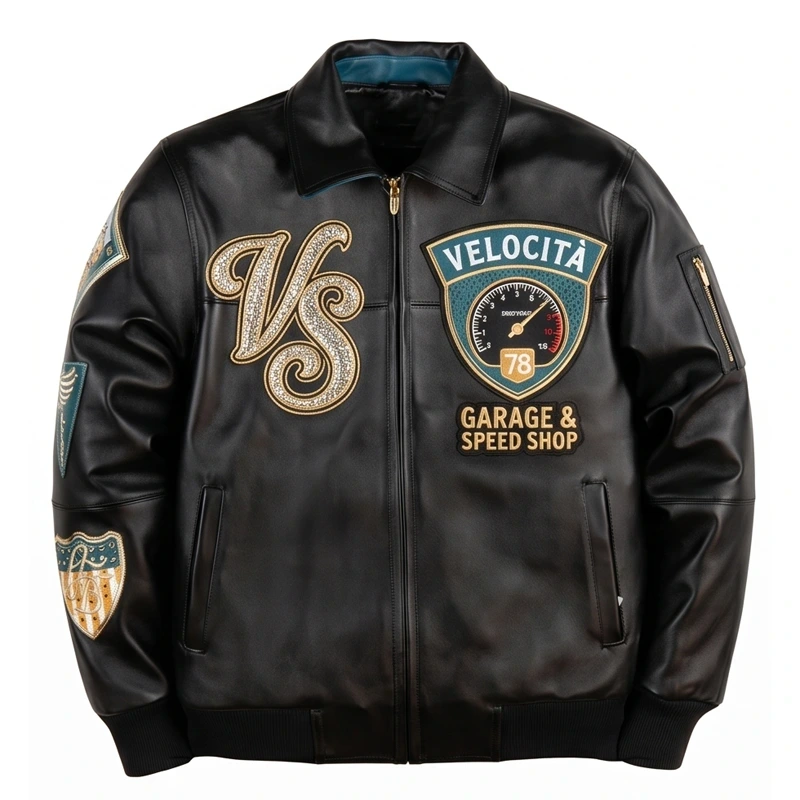 Velocità Garage Speed Shop Black Leather Bomber Jacket - Image 2