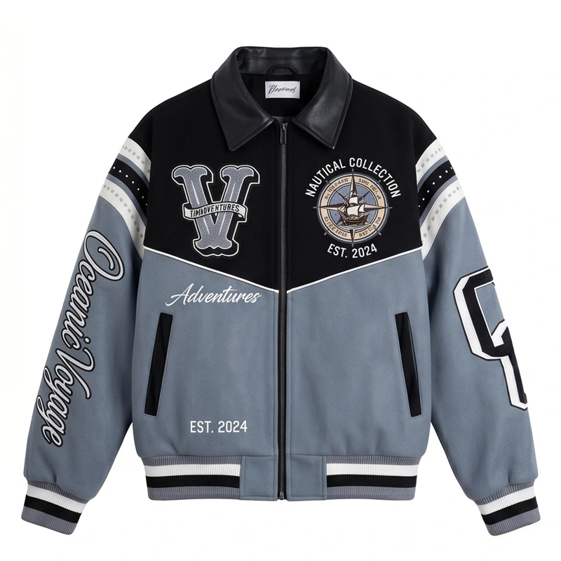 Nautical Adventure Patchwork Leather Varsity Jacket - Image 2