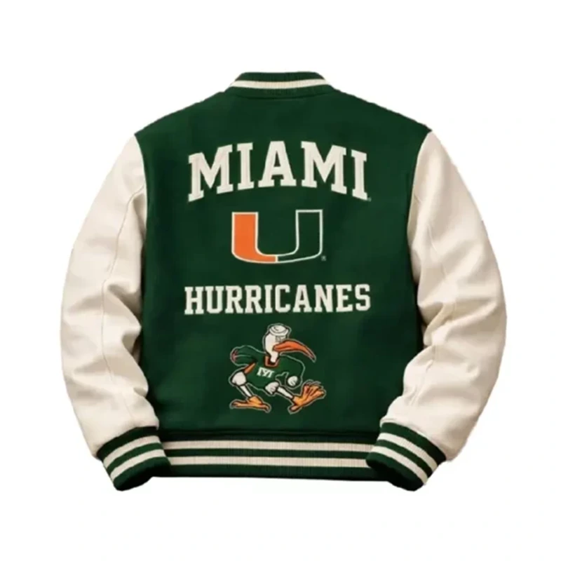 Miami Hurricanes Green and White Letterman Jacket - Image 2