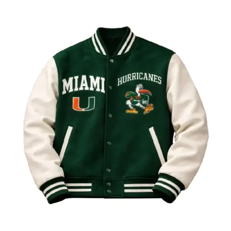 Miami Hurricanes Green and White Letterman Jacket