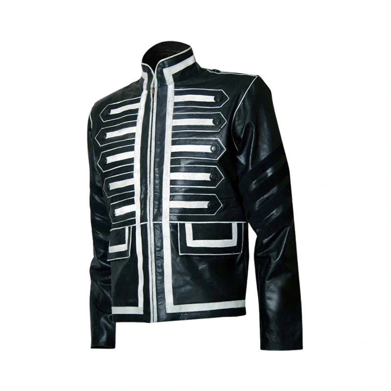 Military Men Black and White Leather Jacket - Image 2