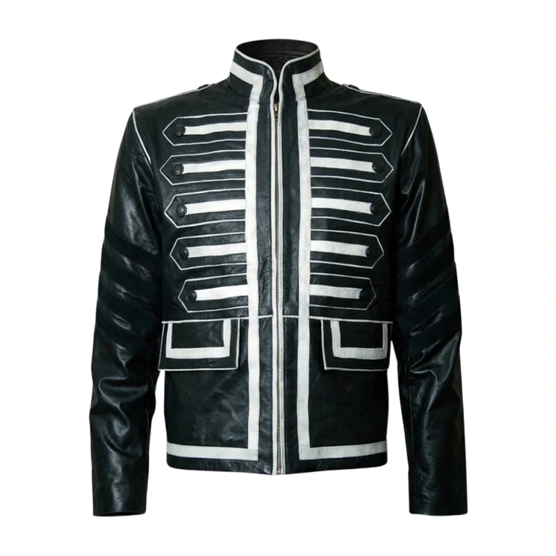 Military Men Black and White Leather Jacket