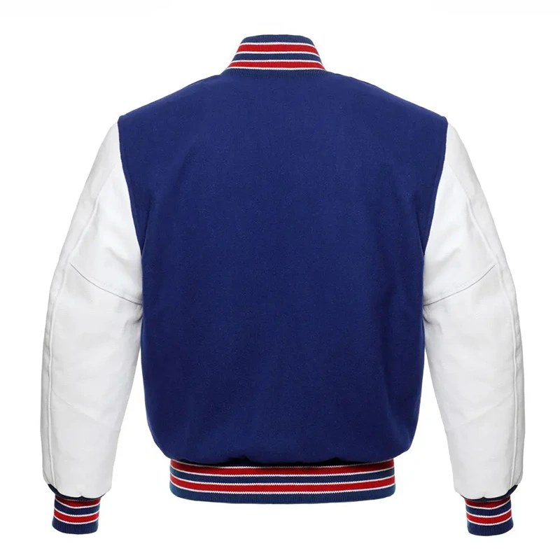 Royal Blue Wool White Leather Sleeves Varsity Jacket - Image 2