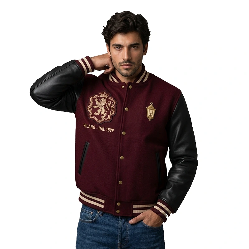 Milano Heritage Burgundy Leather Sleeve Varsity Jacket - Image 4