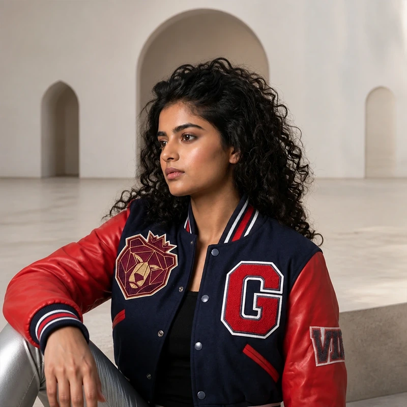 Women’s Crimson G Crest Cropped Varsity Leather Jacket