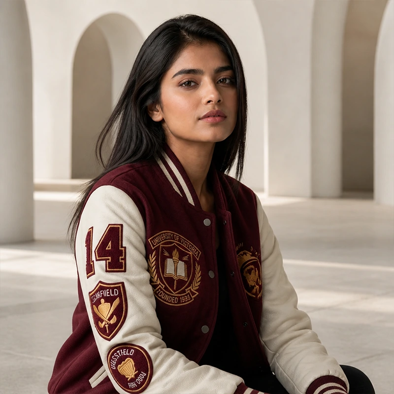 Women’s Vistoria University Burgundy Leather Varsity Jacket
