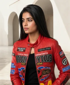 Women’s Velocity Club #64 Red Racing Leather Jacket
