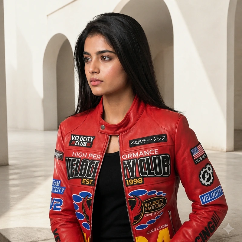 Women’s Velocity Club #64 Red Racing Leather Jacket