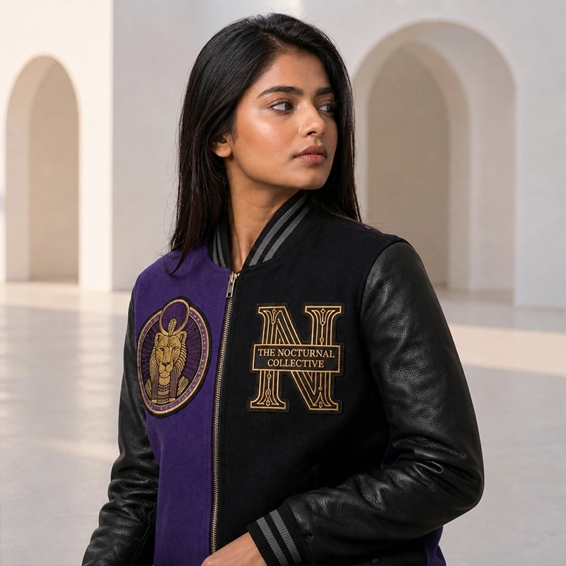 Women’s Nocturnal Collective Purple Leather Varsity Jacket