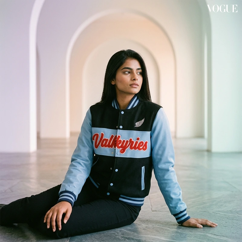 Women’s Valkyries Blue & Black Leather Varsity Jacket