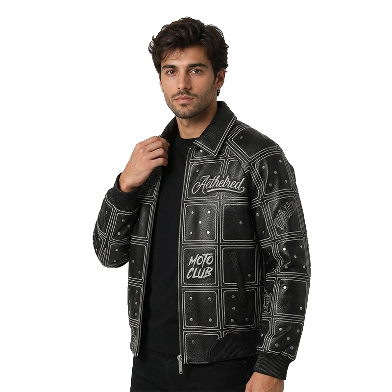 Aethelred Moto Club Grid Pattern Leather Bomber Jacket - Image 6