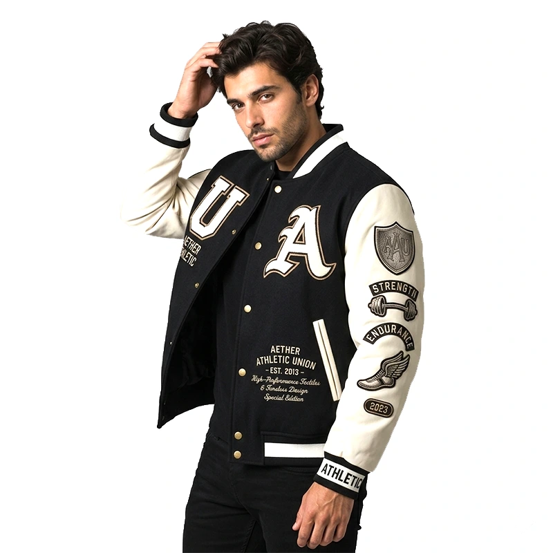 Aether Athletic Union Black & Cream Leather Varsity Jacket - Image 6