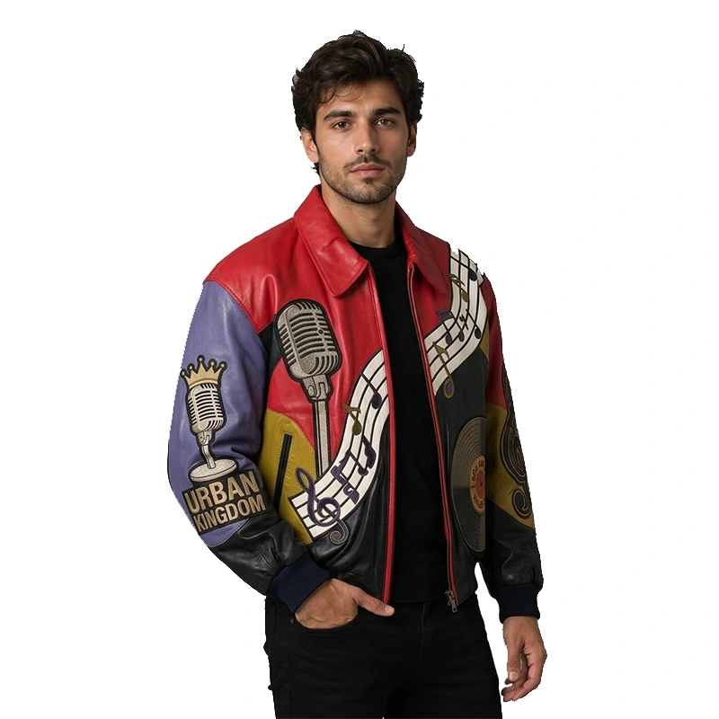 Urban Kingdom Soul Groove Music Leather Bomber Jacket - Image 4