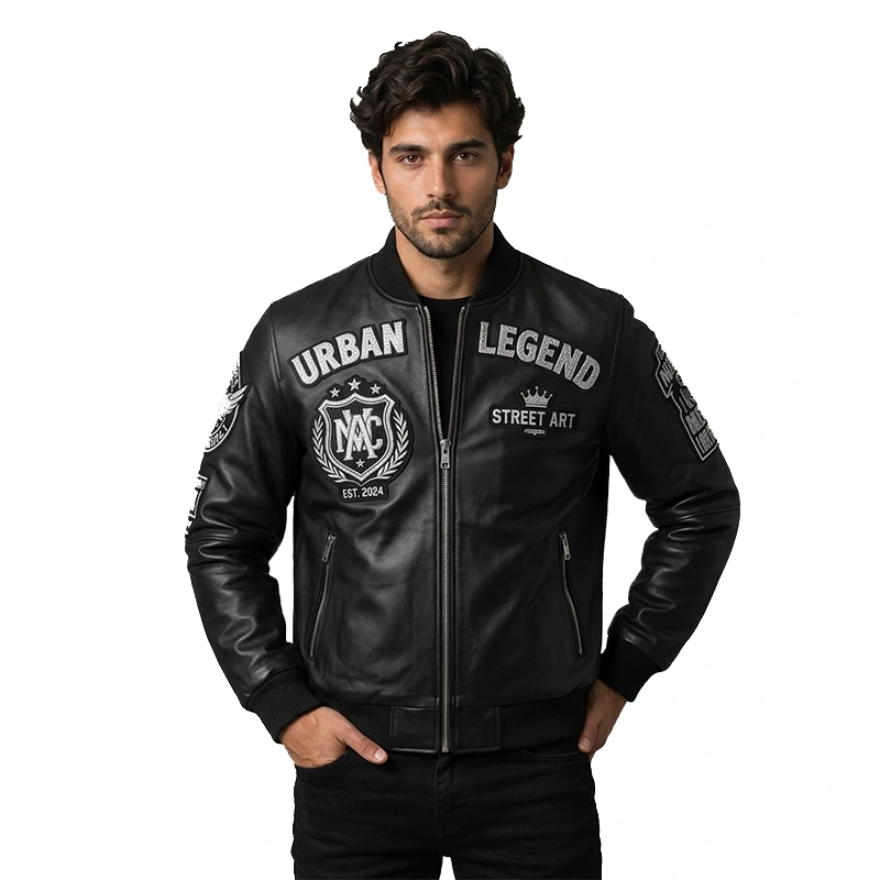 Urban Legend Black Embroidered Leather Bomber Jacket - Image 6
