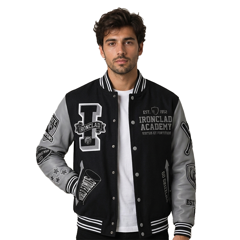 Ironclad Academy Grey Sleeve Varsity Leather Jacket - Image 6
